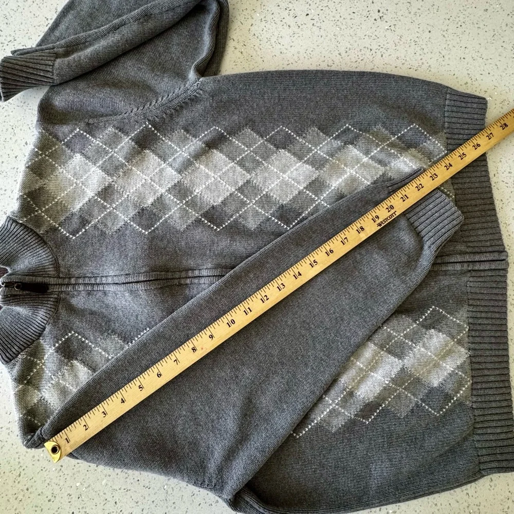 Cozy Men's Gray White Argyle Zip Up Long Sleeves‎ Sweater Cardigan Size Large